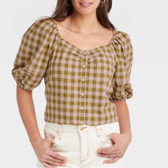NWT Puff Short Sleeve Button-Front Blouse in Multicolor Plaid Size XXL - Picture 1 of 12